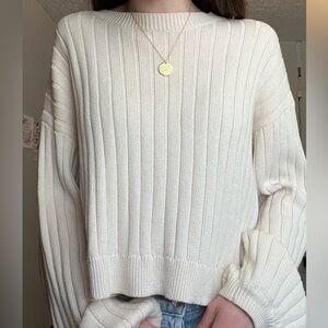 PacSun LA Hearts Ribbed Cream Cropped Knit Balloon Sleeve Sweater